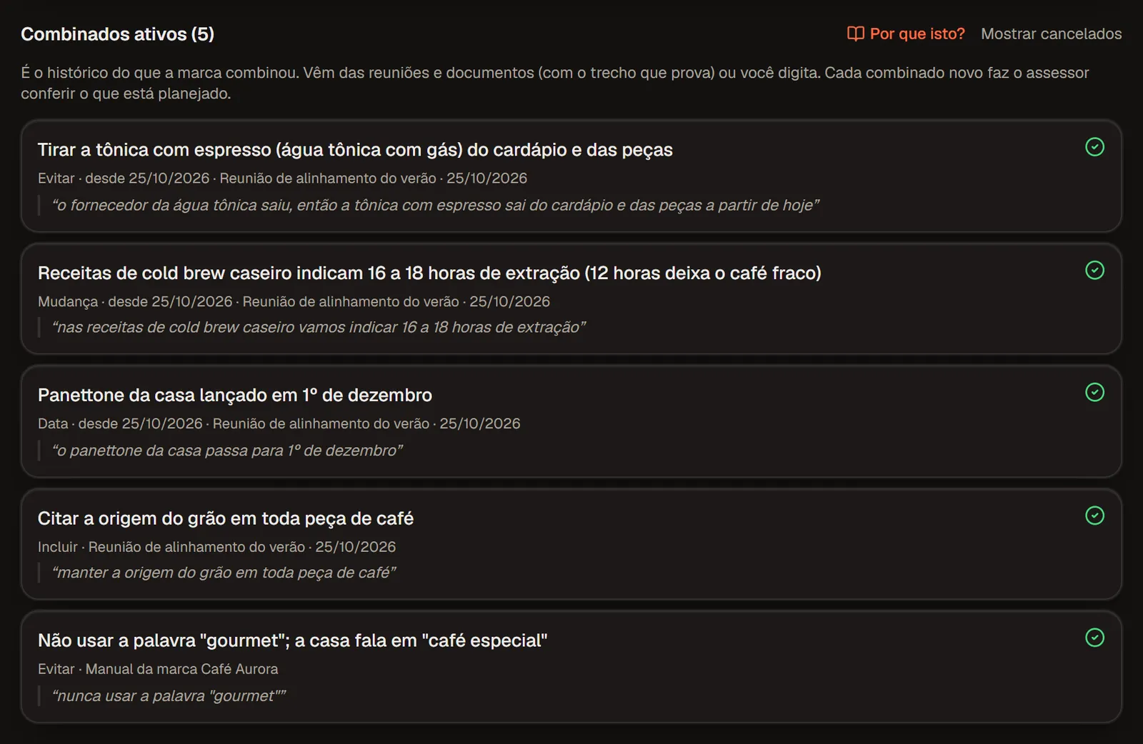 Combinados ativos da Café Aurora, cada um com o trecho da reunião ou do manual