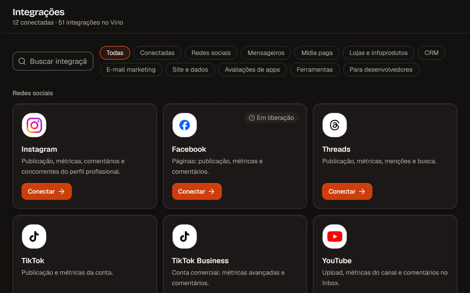 Pantalla de Integraciones de Virio con búsqueda, filtros por categoría y el estado de cada conexión (datos de demostración)